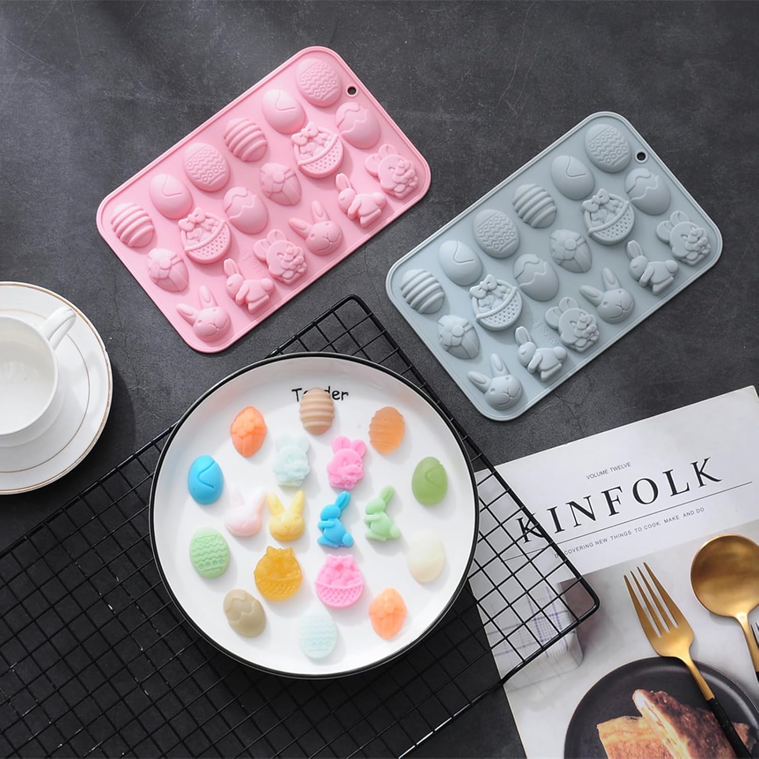 Juego de 2 moldes de silicona para chocolate de Pascua  36 cavidades de conejo, huevo, cabeza de conejo, formas de cesta, moldes antiadherentes de