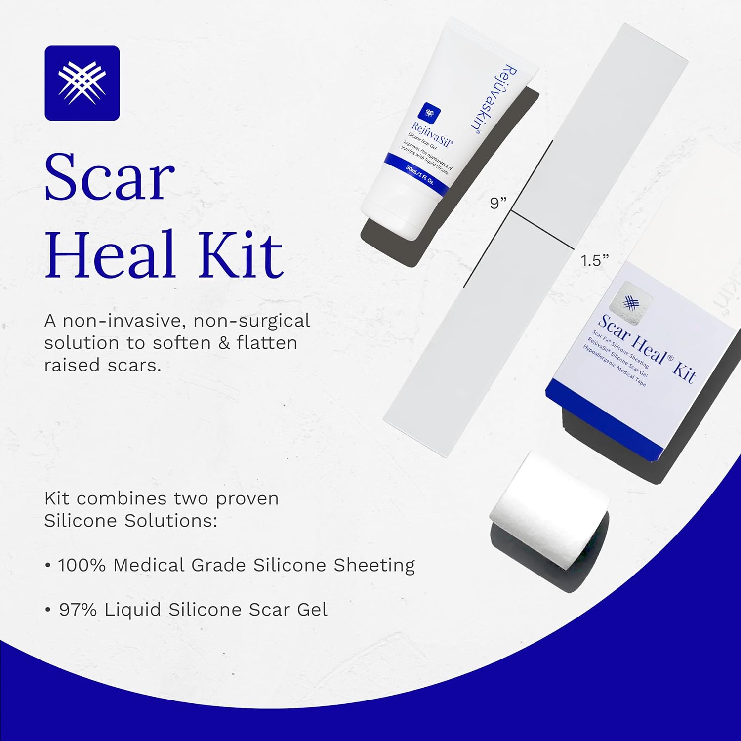 Rejuvaskin Kit de curación de cicatrices para cicatrices pequeñas, suavizar, aplanar, reducir y recuperar, láminas de silicona, gel RejuvaSil y