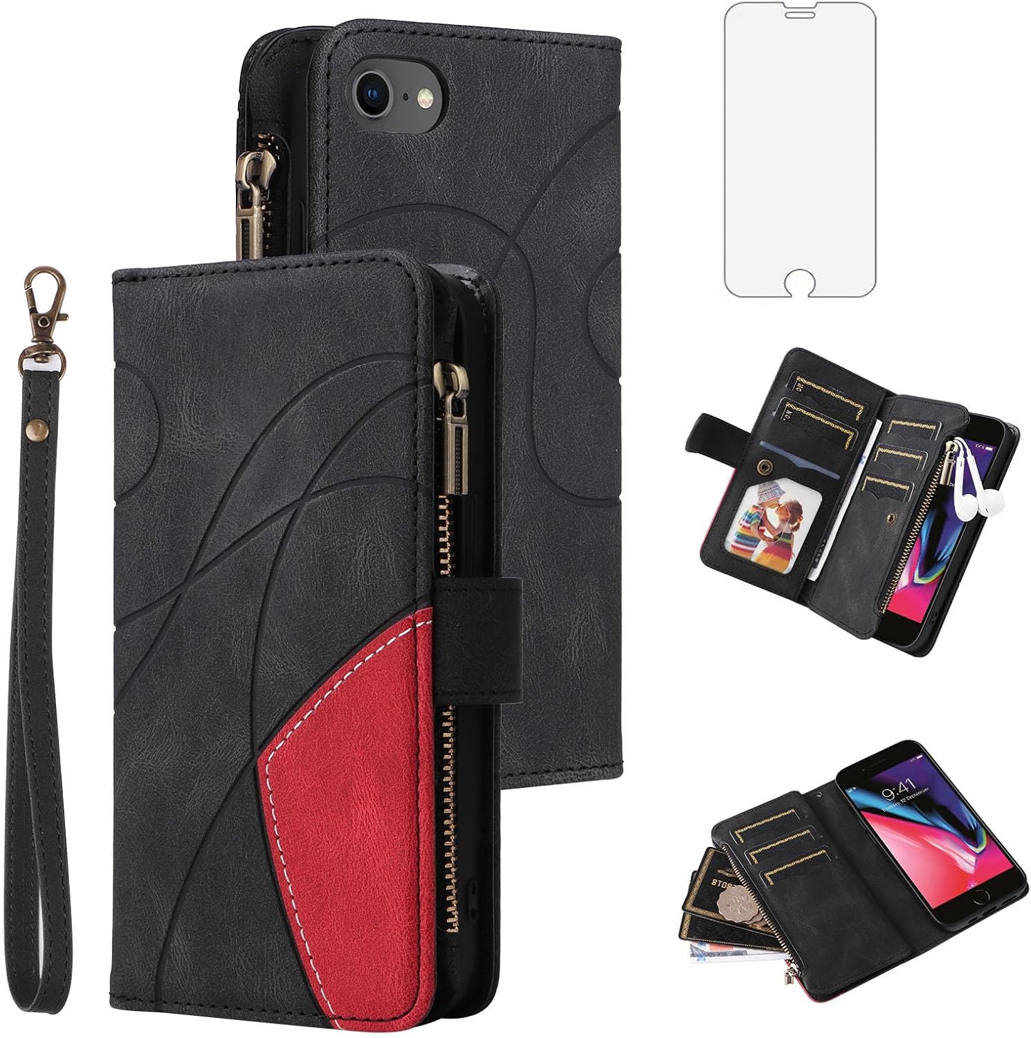 Asuwish Funda de teléfono para iPhone 66s78SE 2020 2022 Funda tipo cartera con protector de pantalla y cremallera abatible para tarjetero, ranura