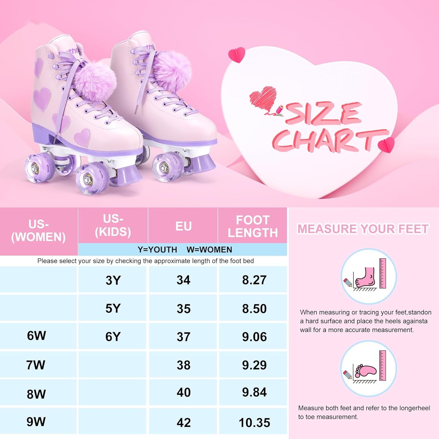 Ruthfot Patines clásicos para mujeres y niñas con ruedas iluminadas y patrón de corazón de amor, patines de piel sintética de alta calidad