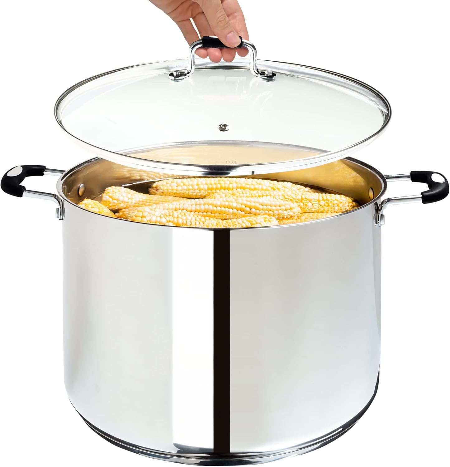 Olla grande de acero inoxidable de 20 cuartos de galón, olla de cocción grande, tapa de vidrio transparente y marcas de medición, orificio de vapor,
