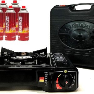 Estufa de gas butano portátil y paquete de 8 recipientes de butano con estuche de transporte, encendido electrónico de cuerpo de acero inoxidable Estufa de gas butano portátil y paquete de 8 recipientes de butano con estuche de transporte, encendido electrónico de cuerpo de acero inoxidable