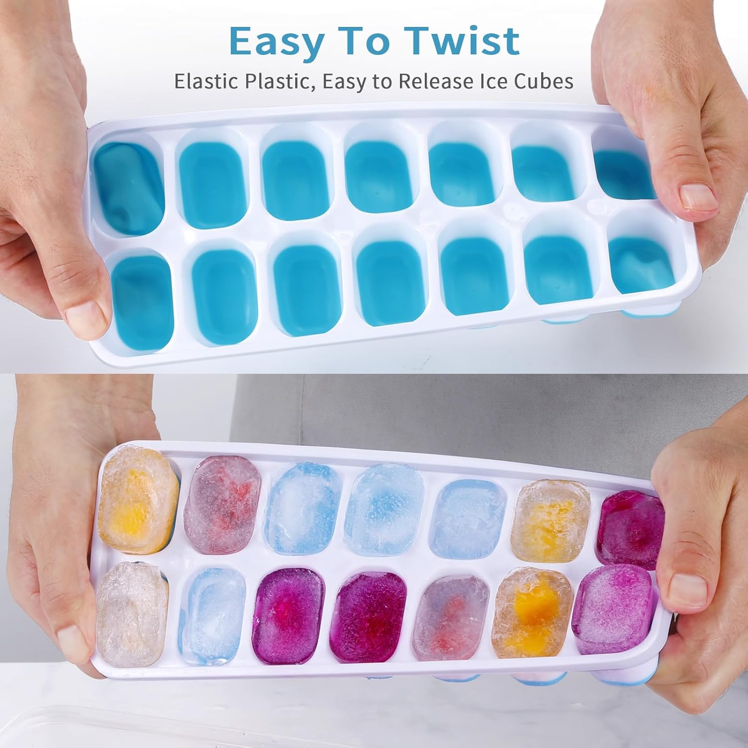 ARTLEO Bandeja para cubitos de hielo con tapa y contenedor, paquete de 4 bandejas de plástico de silicona para cubitos de hielo para congelador con