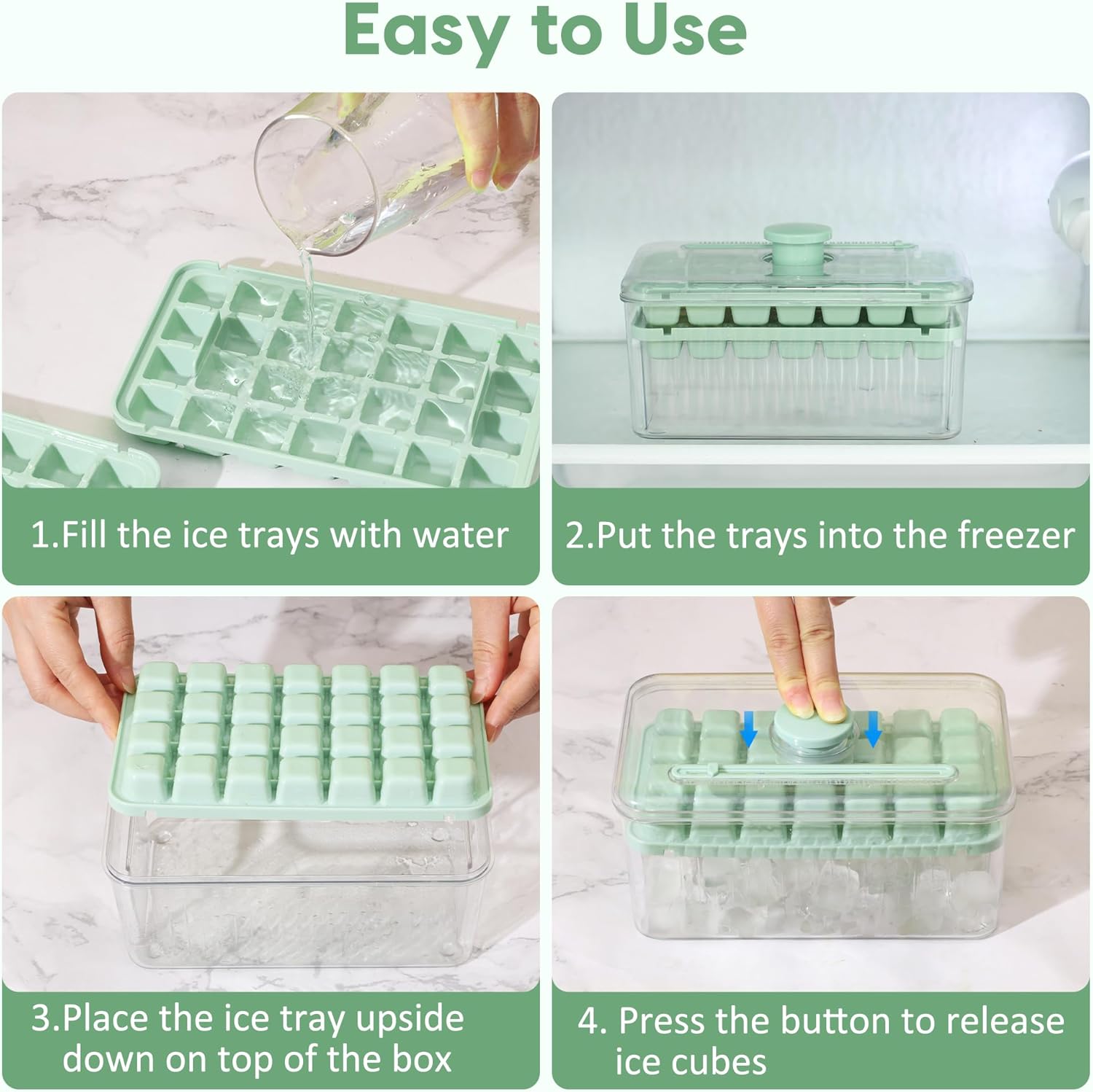 Elueey Bandeja para cubitos de hielo con tapa y contenedor, paquete de 2 bandejas de hielo de silicona para congelador, 56 moldes para cubitos de