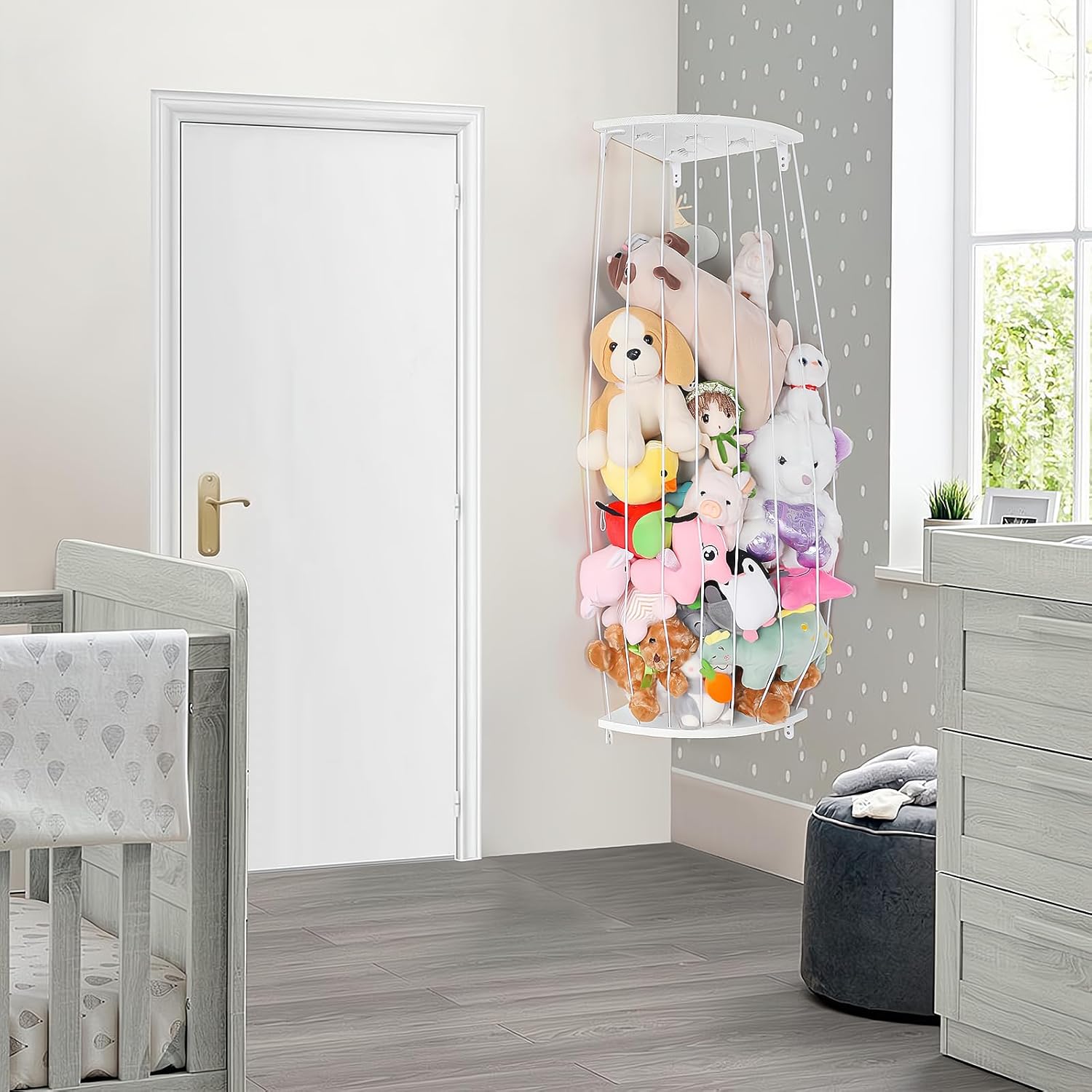 Soporte de madera para almacenamiento de animales de peluche con patrón de estrella, longitud ajustable, grande, organizador de juguetes de peluche