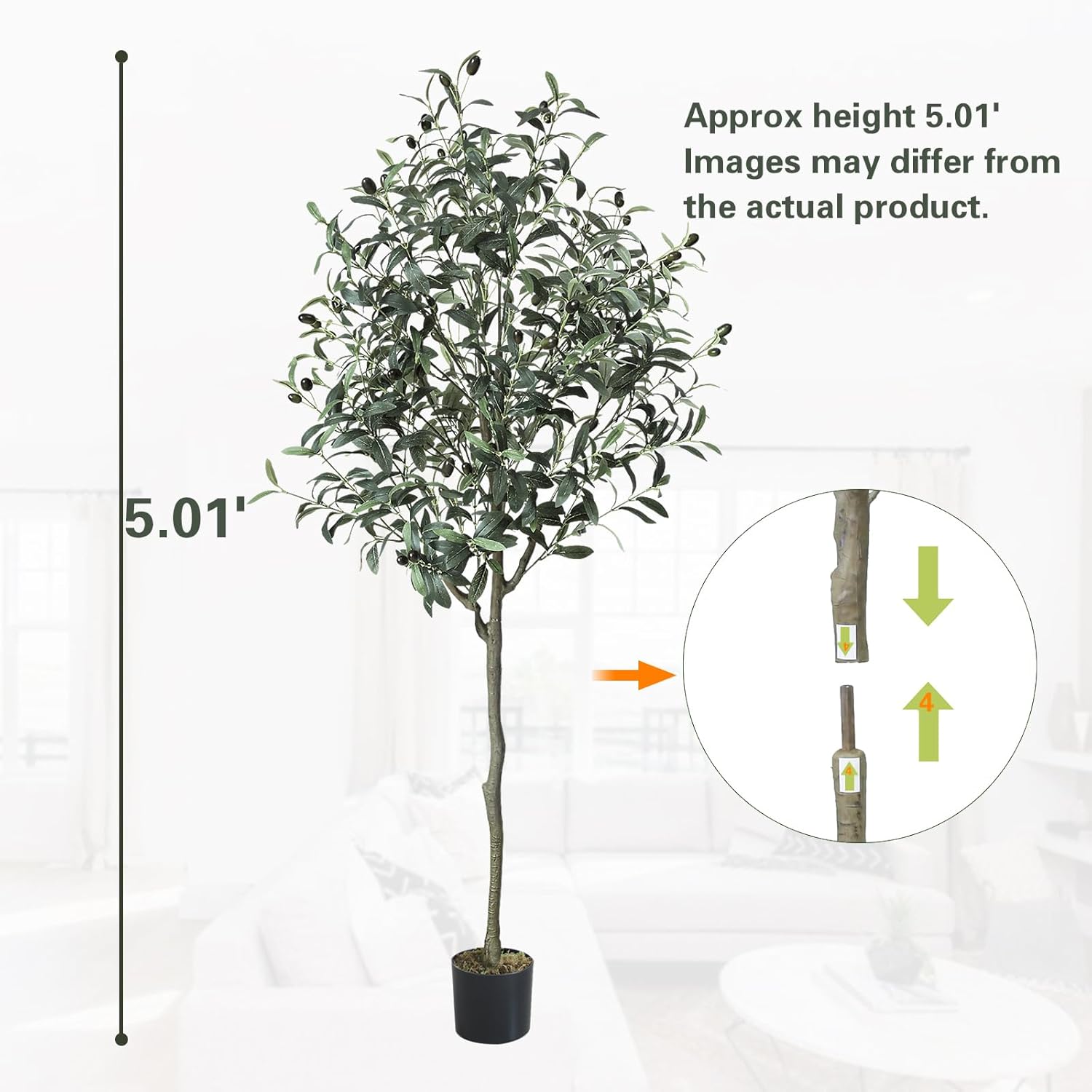Olivos artificiales de 5 pies, olivo artificial para interiores, para oficina, decoración del hogar, plantas falsas altas de interior con tronco