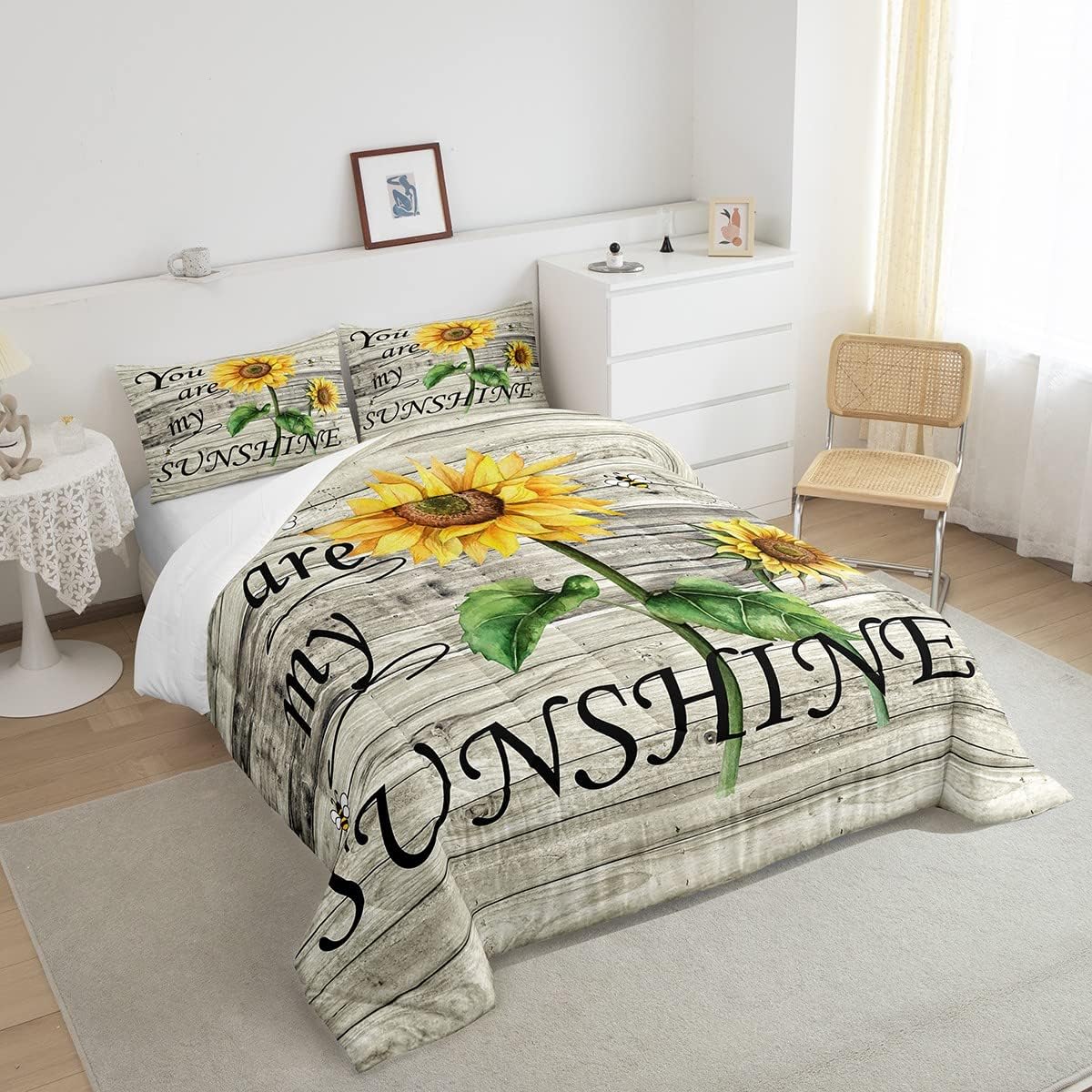 Erosebridal Juego de ropa de cama con estampado de girasol, letras retro y flores amarillas, decoración de dormitorio, edredón de plumón de abeja