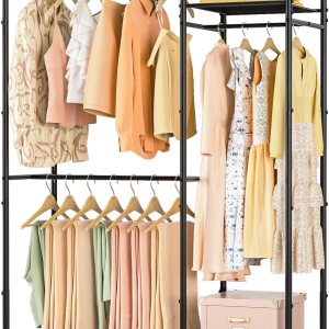 Armario portátil, estantes de ropa independientes para colgar ropa con 3 barras para colgar y 5 estantes, perchero de metal para ropa, sistema Armario portátil, estantes de ropa independientes para colgar ropa con 3 barras para colgar y 5 estantes, perchero de metal para ropa, sistema