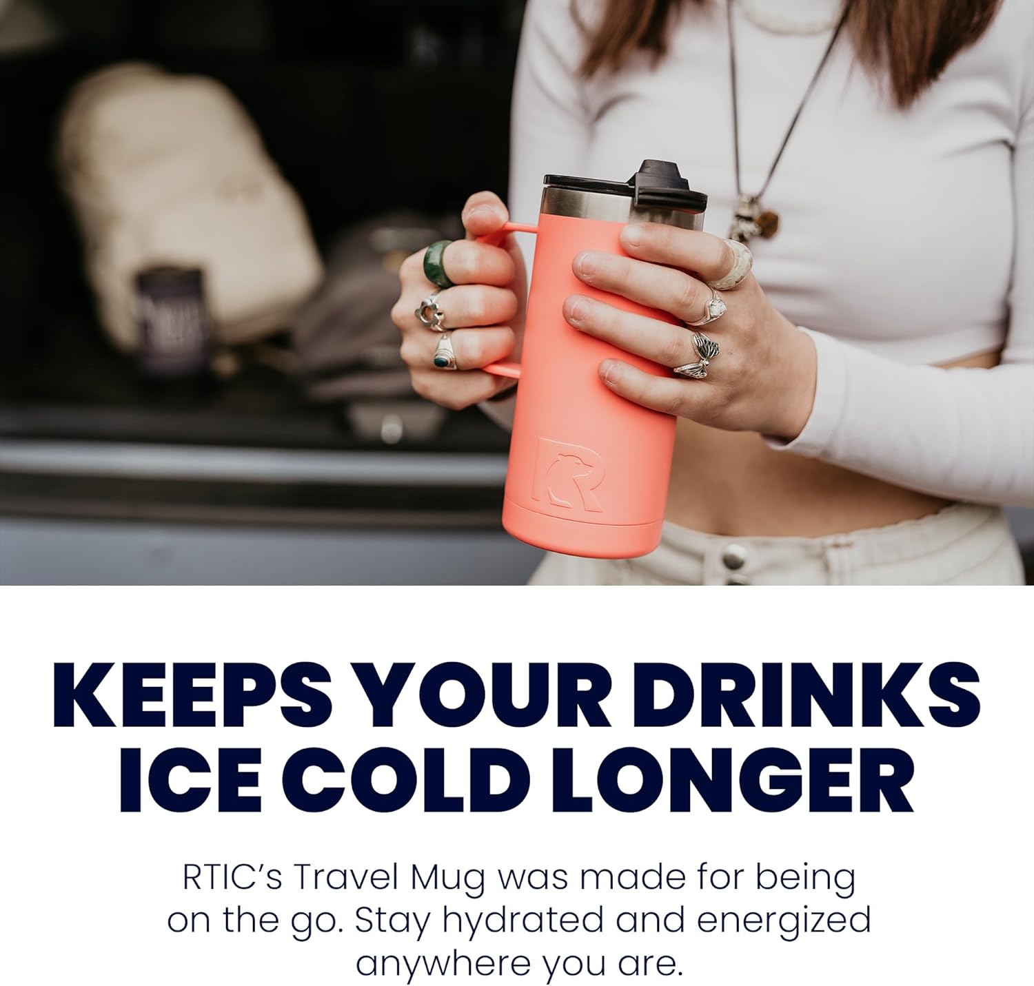 RTIC Taza de viaje de café de 20 onzas con tapa y asa, tazas aisladas al vacío de acero inoxidable, a prueba de fugas, derrames, bebidas calientes y