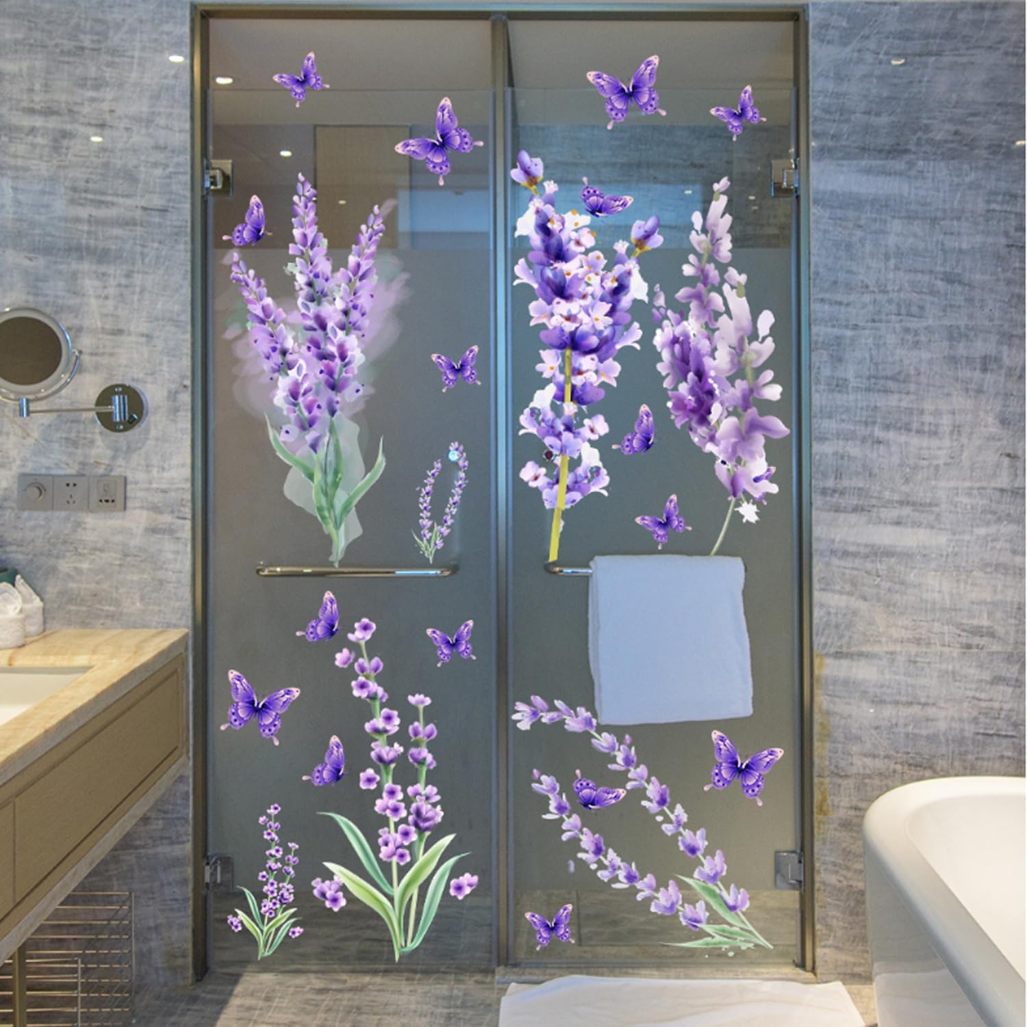 Payutou 2 hojas de calcomanías de pared de lavanda morada, flores, mariposas, bricolaje, acuarela, removibles, arte de pared para niños, niñas,