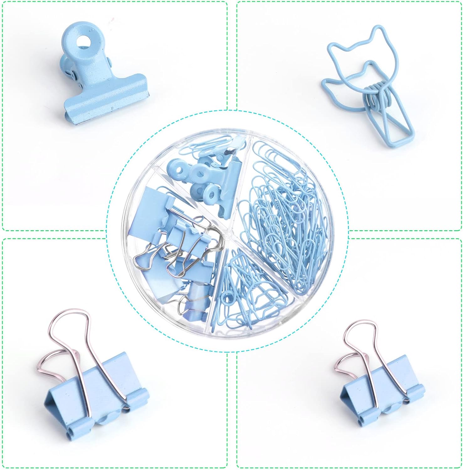 CREECHWA Juego de clips de papel azules y clips para carpeta, carpetas de metal de varios tamaños con pasadores, bonitos suministros de oficina para
