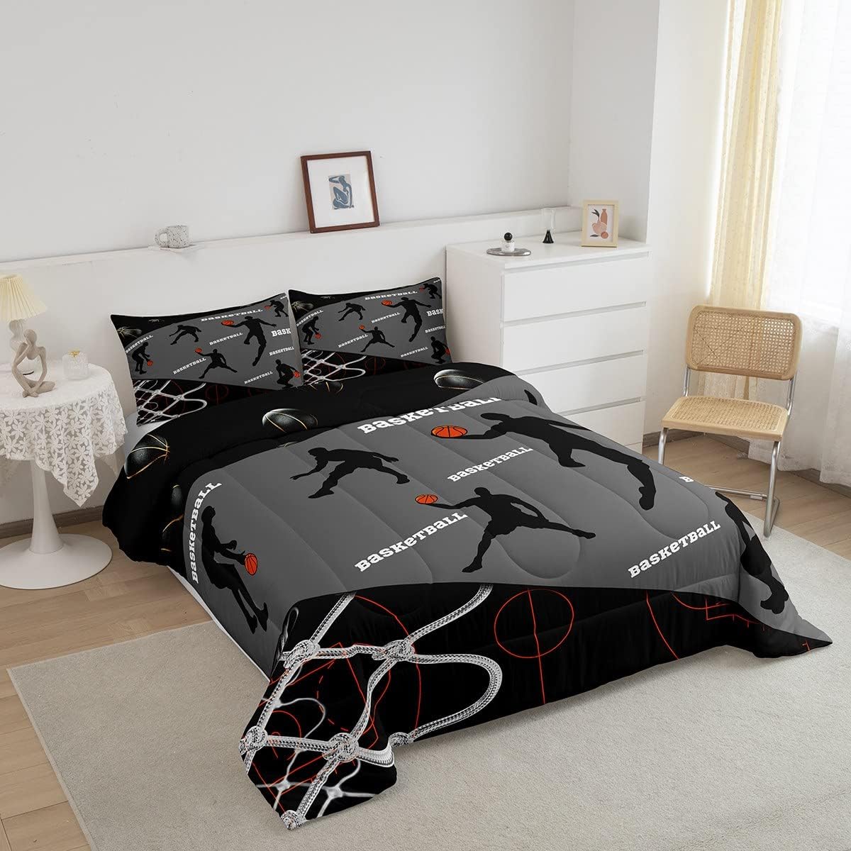 Erosebridal Juego de ropa de cama de baloncesto tamaño Queen, juegos de edredón deportivos para niños, color gris y negro, juego de ropa de cama de