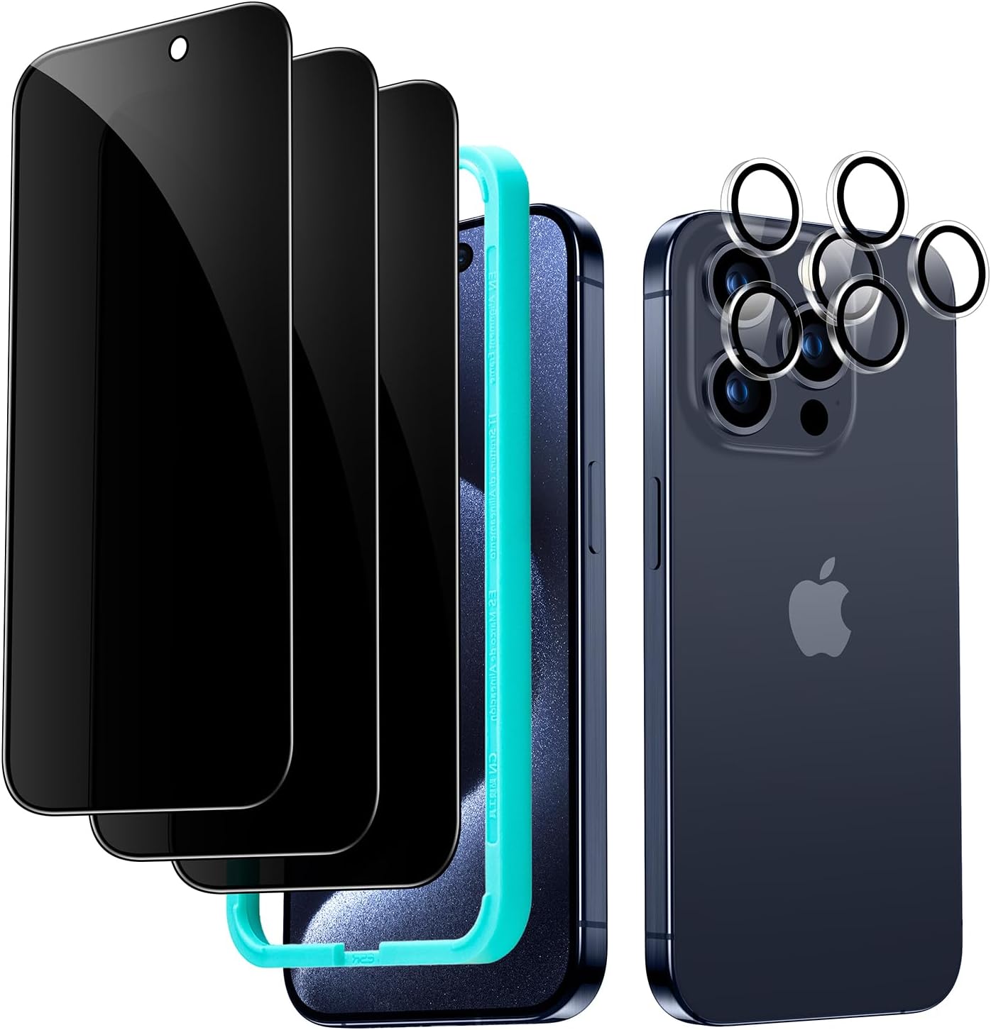 ESR Paquete de 3+2 protectores de pantalla de privacidad para iPhone 15 Pro, protector de pantalla de privacidad de vidrio templado antiespía,