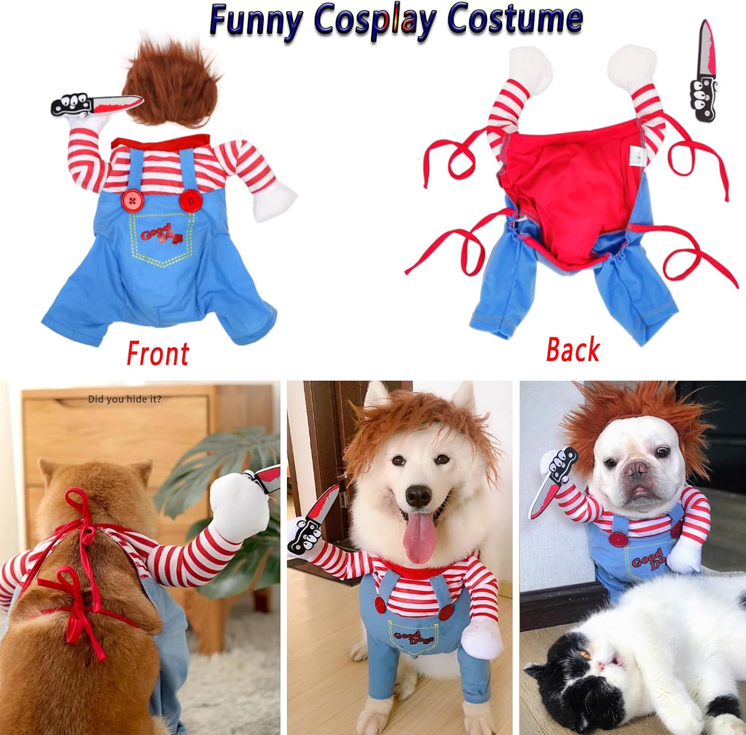 Disfraz de perro de muñeca mortal para mascotas, divertidos disfraces de Halloween de Chucky, ropa de perro linda, disfraz de fiesta de cosplay para