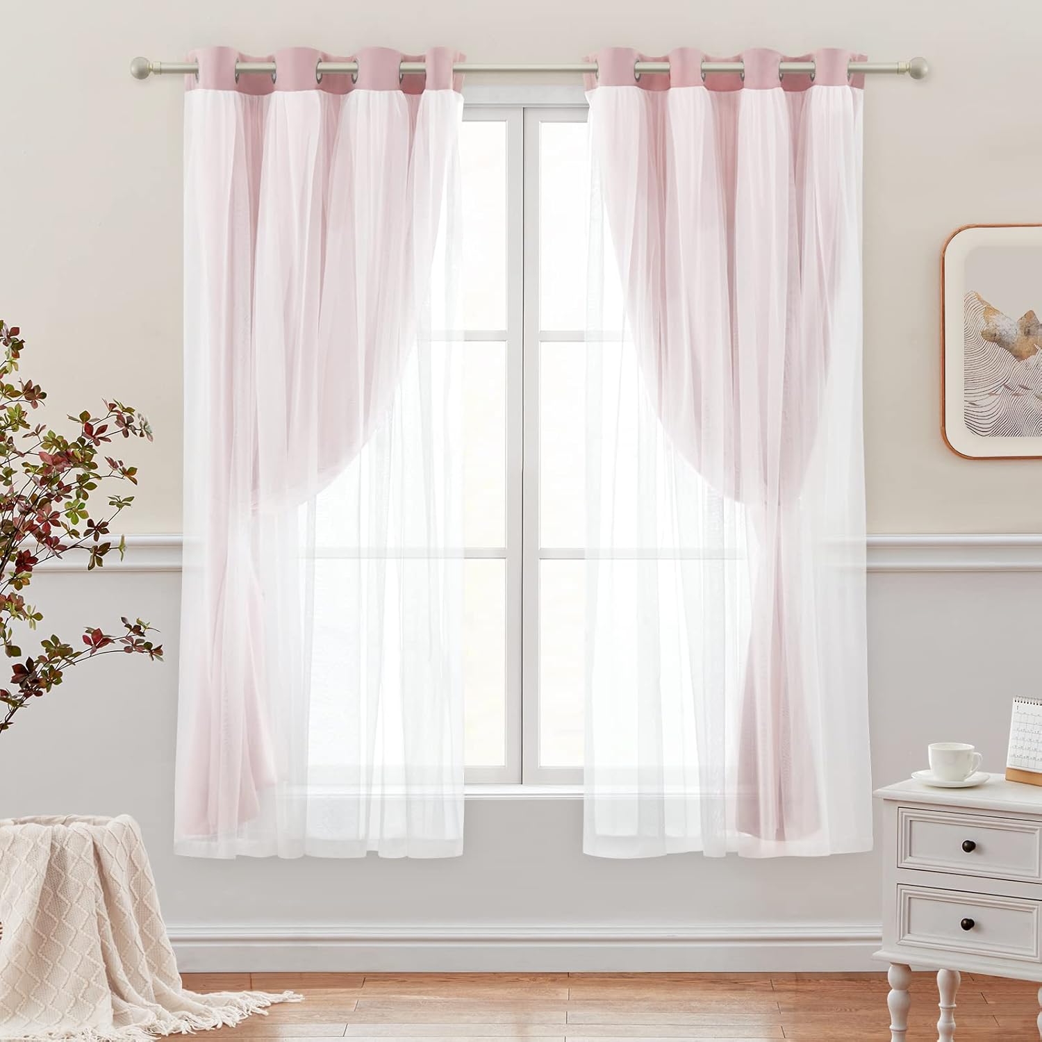 HOMEIDEAS Cortinas opacas de doble capa de color rosa de 63 pulgadas de largo, 2 paneles de cortinas para habitación de niñas y niños, cortinas
