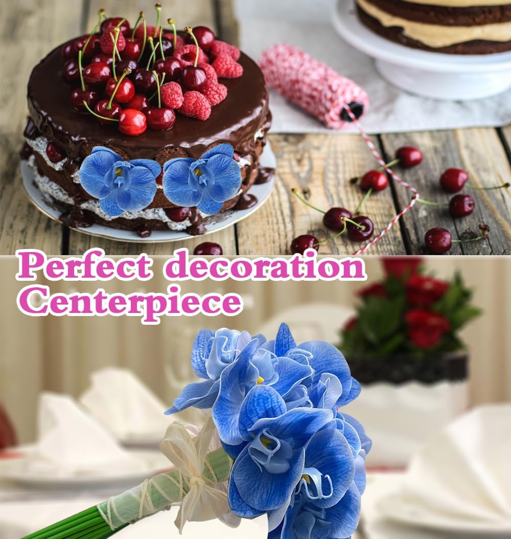 20 piezas de orquídeas artificiales azules para centros de mesa de velas flotantes, cabeza y tallo de flores sintéticas, ramo de manualidades para