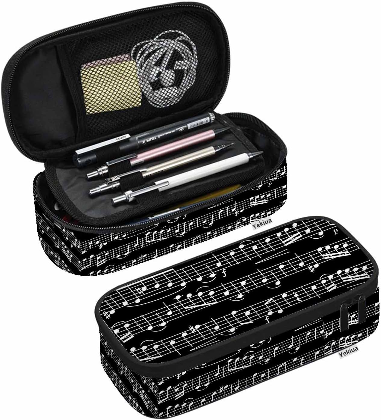 Estuche para lápices de notas musicales, gran capacidad, bolsa de maquillaje para oficina, universidad, color blanco y negro
