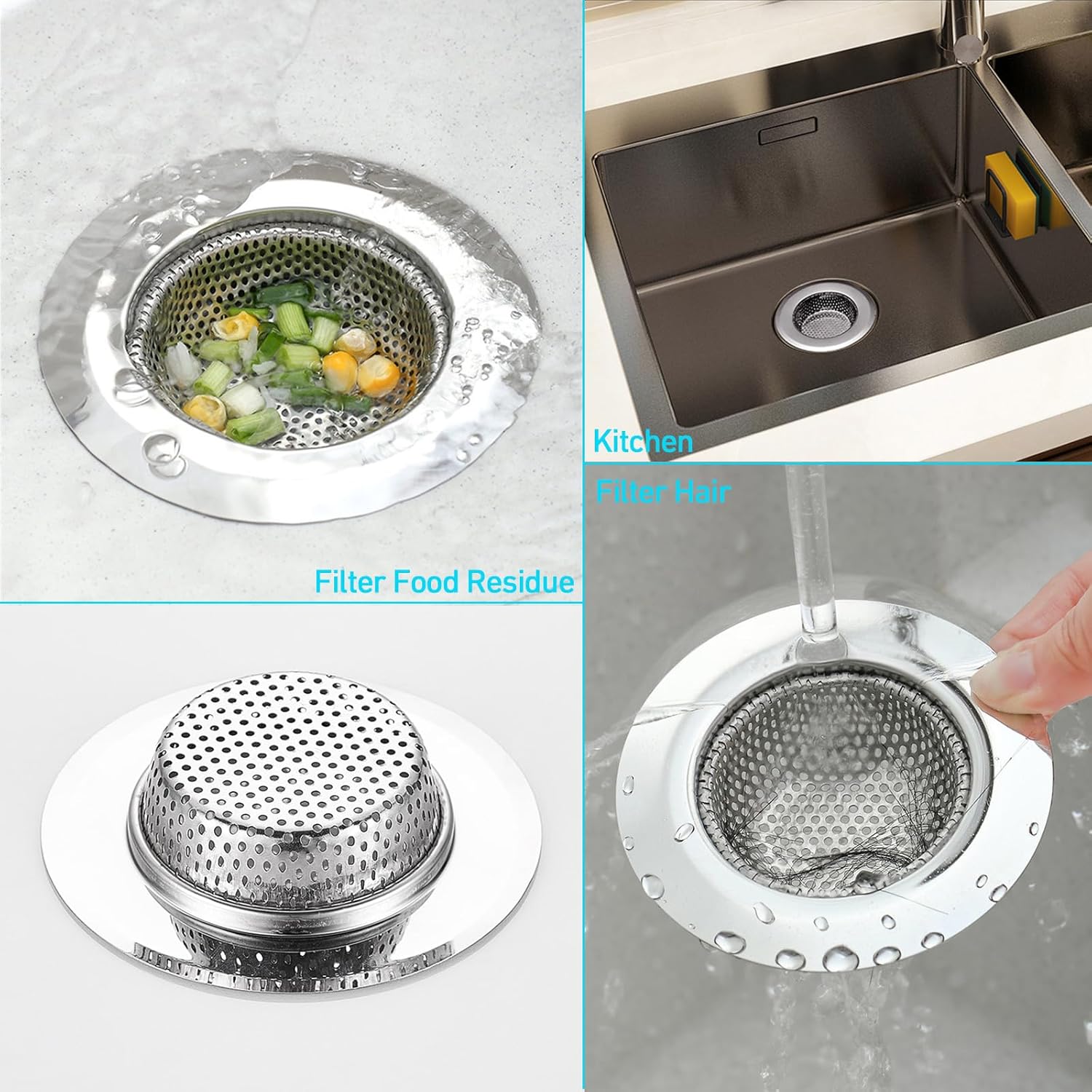 4 coladores de drenaje para fregadero de cocina, tapa de fregadero de 3.37 pulgadas + tapón de eliminación de basura de 4.4 pulgadas, coladores de