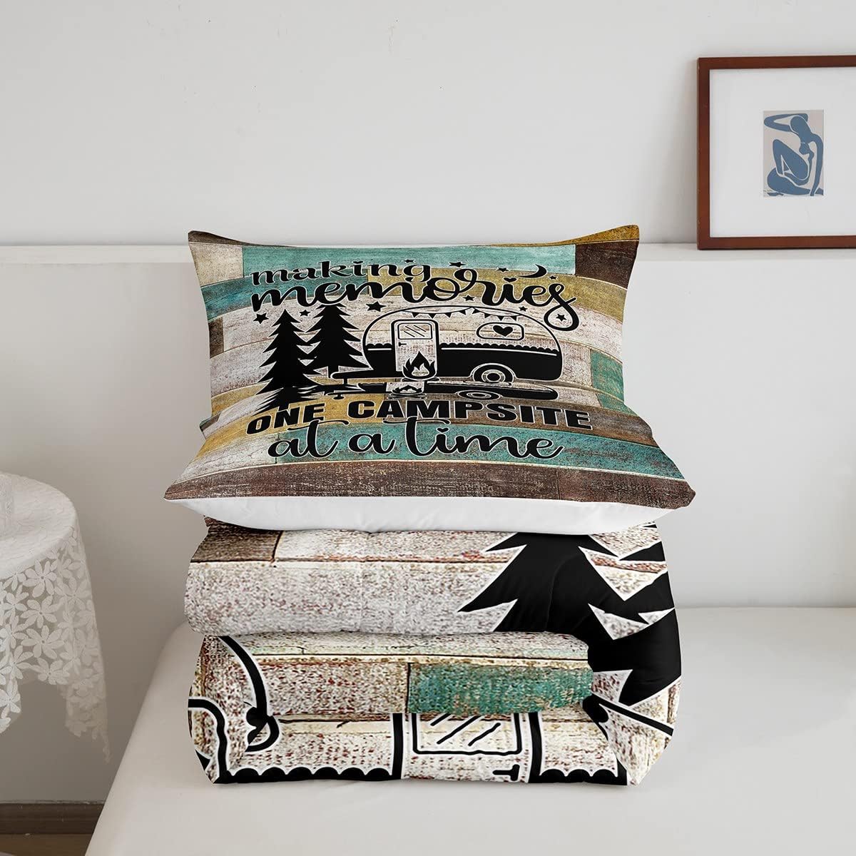 Juego de ropa de cama con temática de cámper, juego de edredón de cabaña de madera marrón y verde, tamaño matrimonial, 3 piezas, decoración de