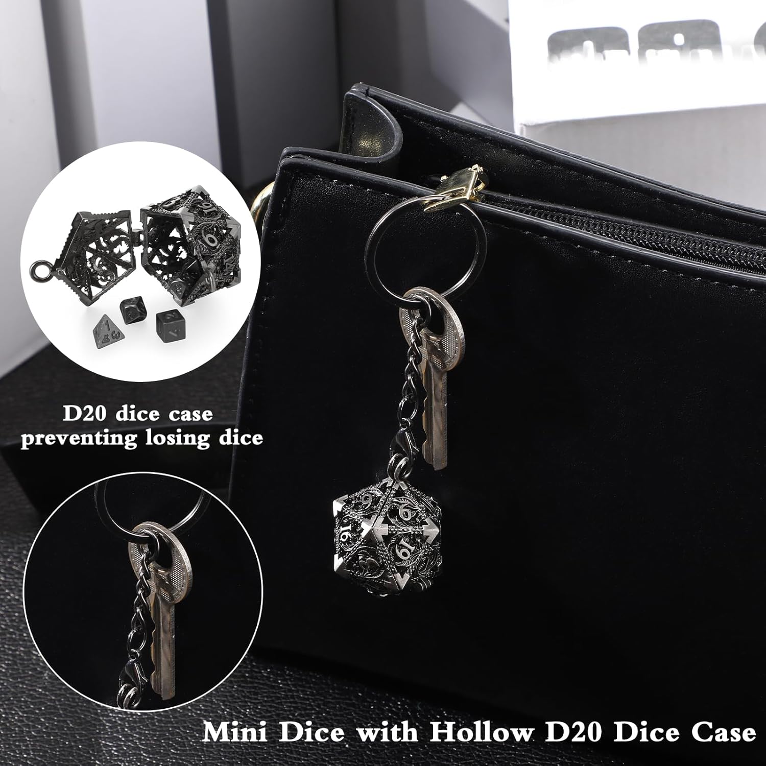 Syhood Juego de dados pequeños, 7 piezas de dados pequeños de metal, collar hueco D20, estuche de dados, llavero, juegos de mesa para juegos de rol,