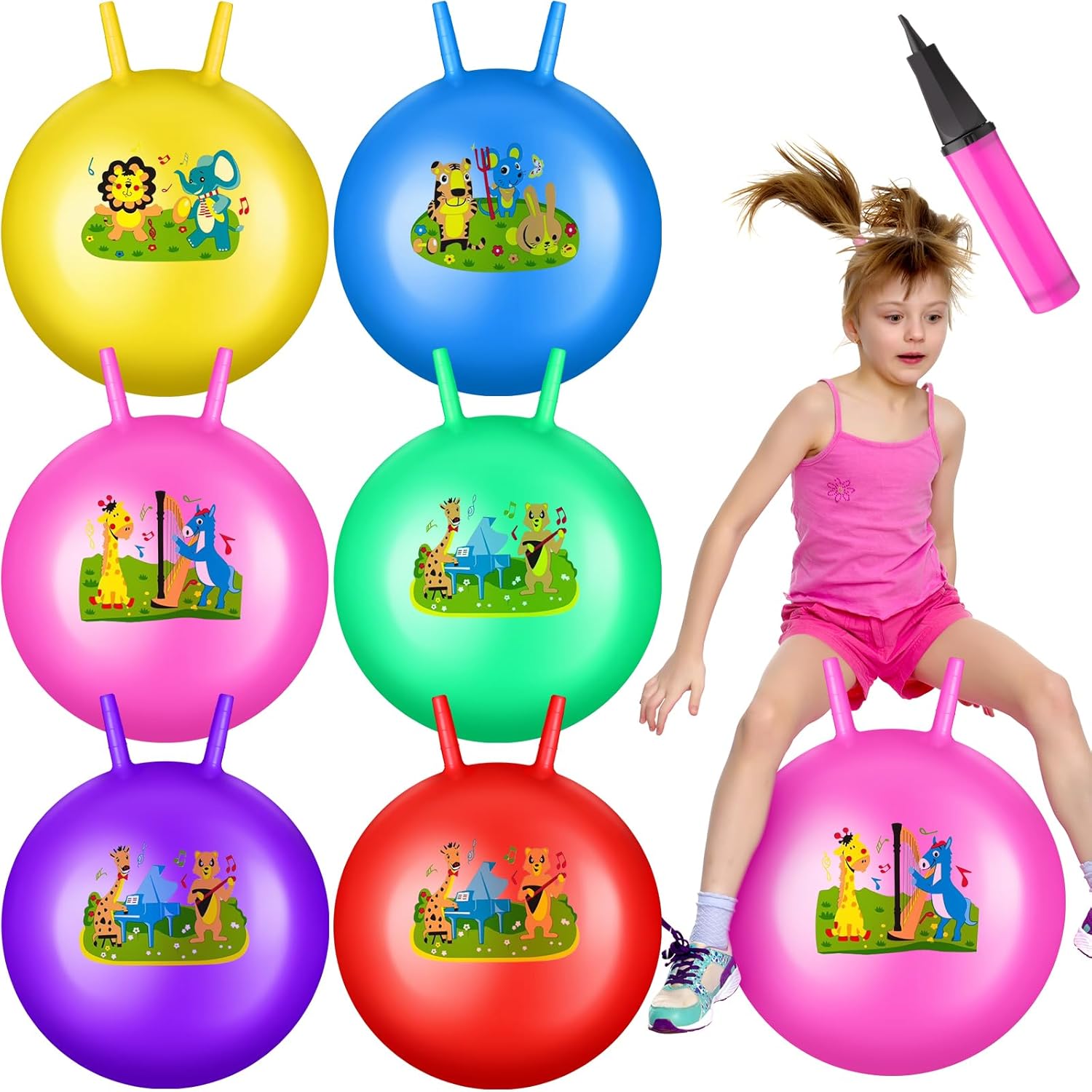 6 bolas hinchables, 22 pulgadas inflables de estilo animal, bola de rebote con asa, juguetes de salto de ejercicio para juegos de interiores y