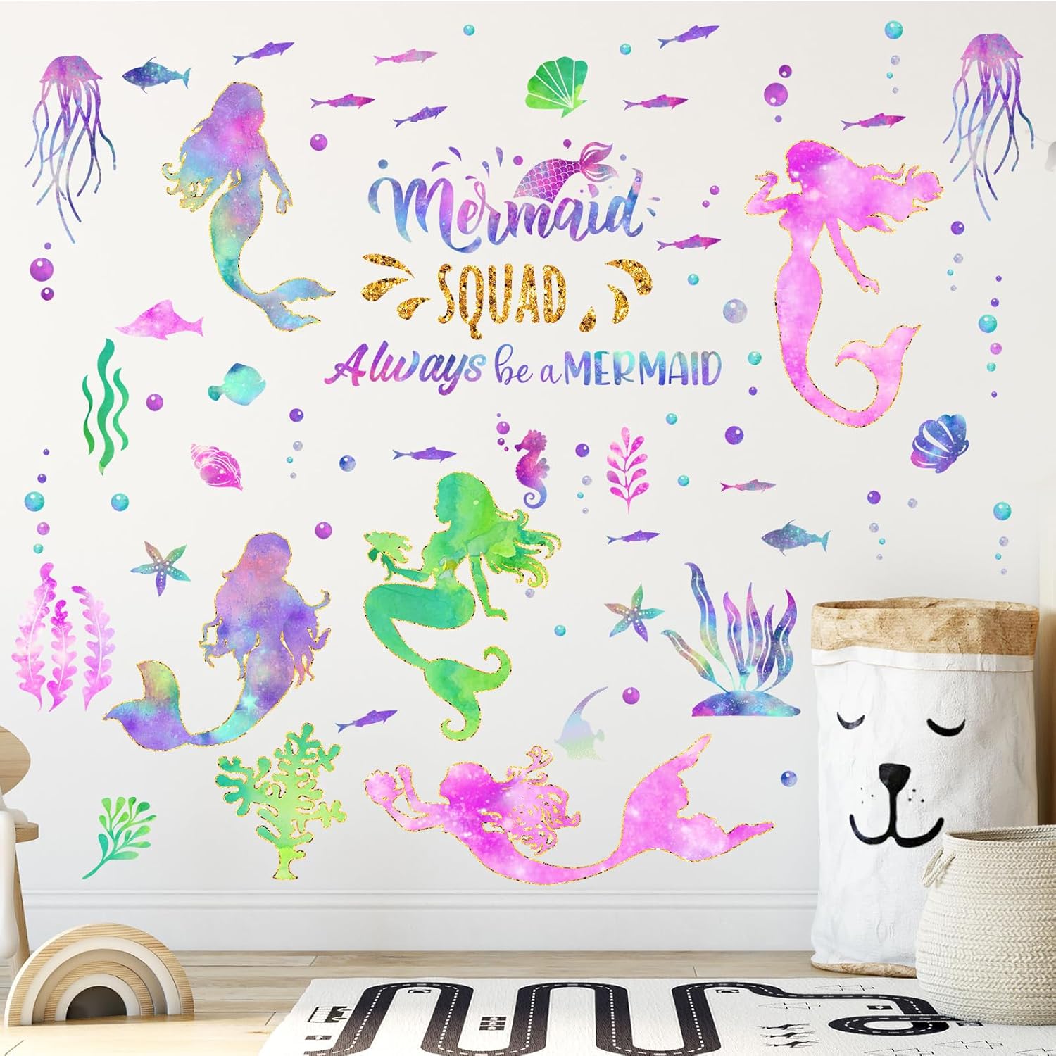 2 hojas de calcomanías de pared grandes de sirena con purpurina para niñas, calcomanías de pared de sirena para dormitorio, impermeable, decoración