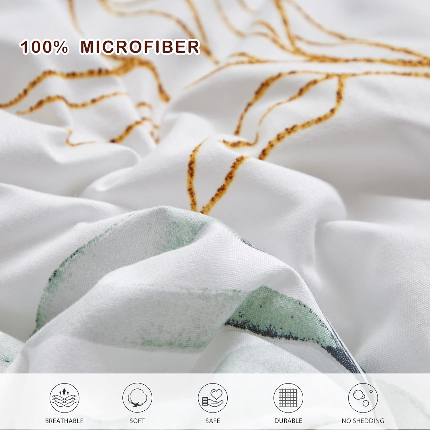 Joyreap – Juego de ropa de cama tamaño King completo en una bolsa, 7 piezas, diseño botánico de flores verdes sobre fondo blanco, juego de edredón