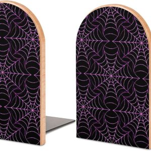 Sujetalibros de madera con diseño de telaraña morada, 1 par para estantes, soporte pesado para libros, 5 x 3 pulgadas Sujetalibros de madera con diseño de telaraña morada, 1 par para estantes, soporte pesado para libros, 5 x 3 pulgadas