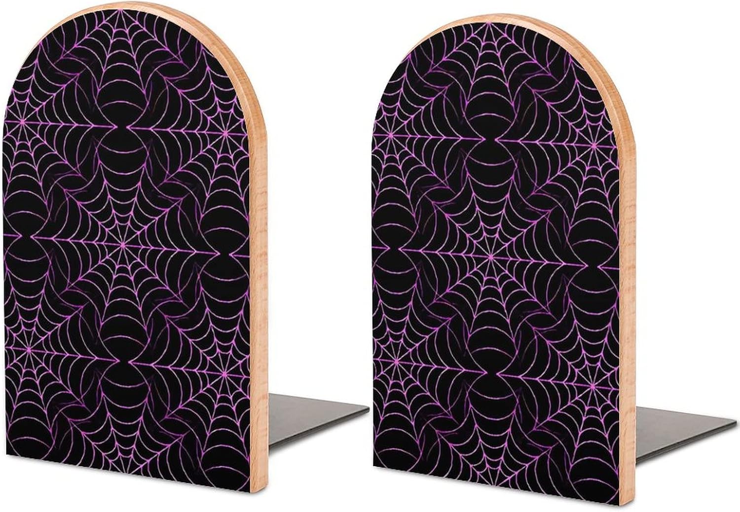 Sujetalibros de madera con diseño de telaraña morada, 1 par para estantes, soporte pesado para libros, 5 x 3 pulgadas