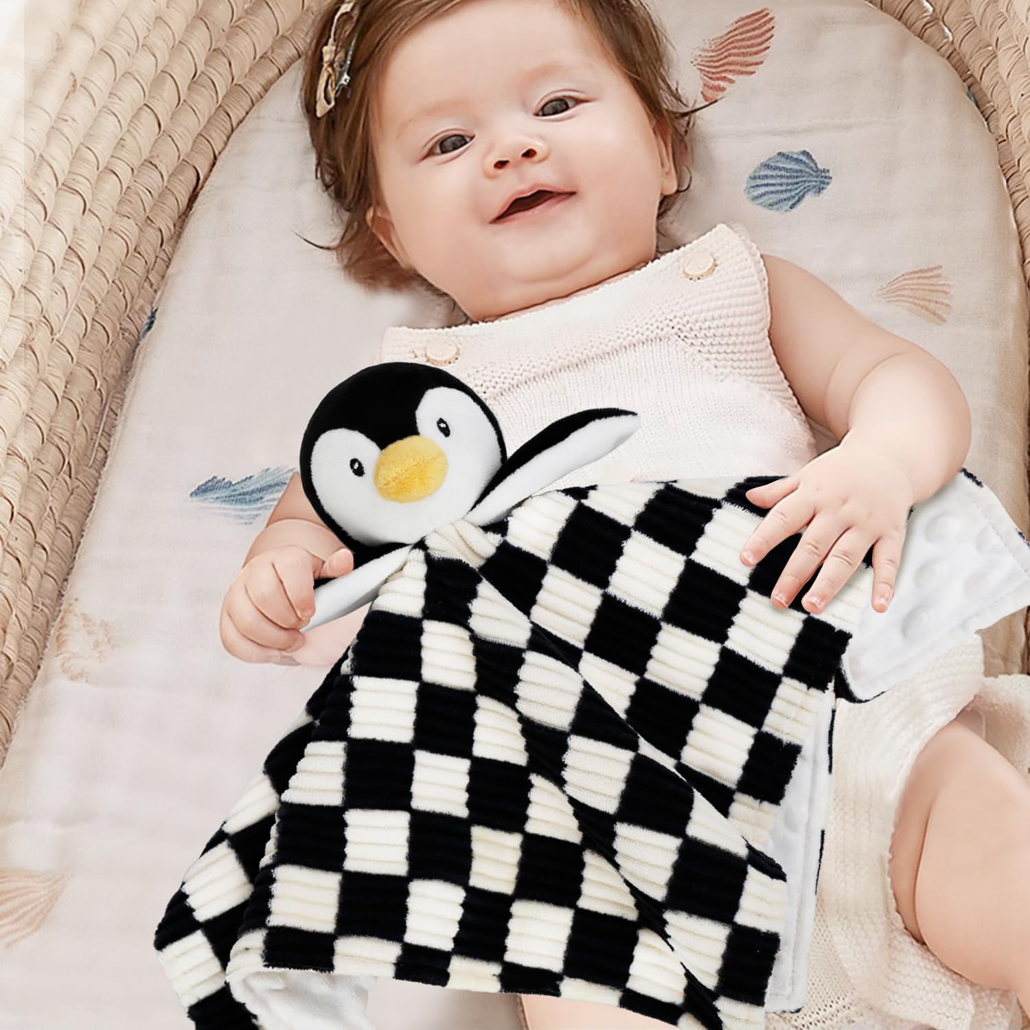 Manta de bebé Lovey para niños y niñas, súper suave tablero de ajedrez con respaldo de tela de punto minky, pingüino, animal de peluche, bonito