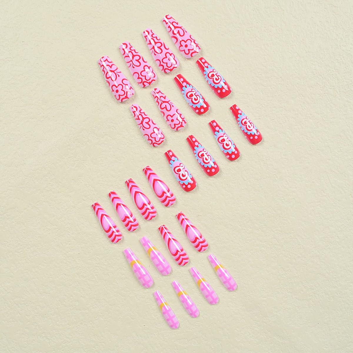 Uñas postizas extralargas a presión con forma de ataúd rosa con corazón y flores, patrón de letras impresas, uñas de barbie, uñas acrílicas
