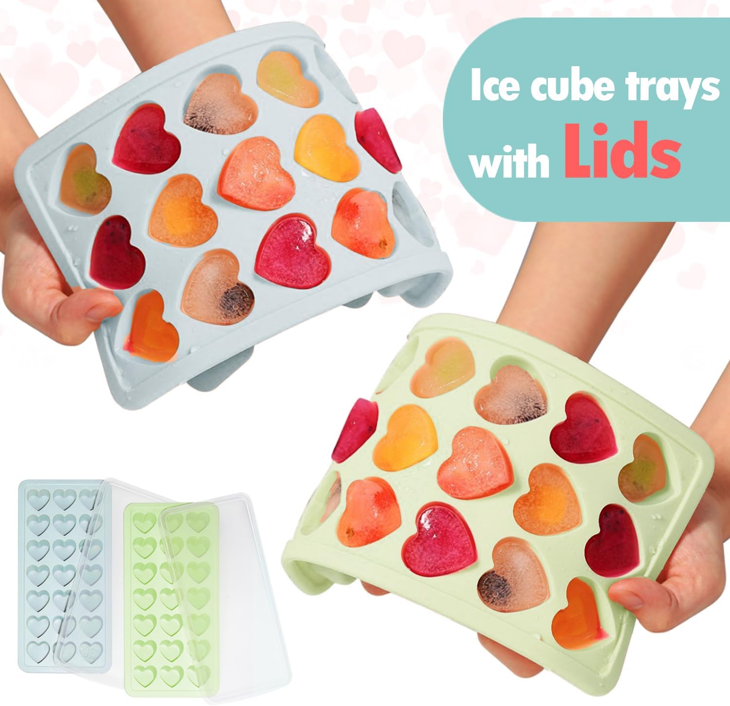 Paquete de 2 bandejas de cubitos de hielo con tapa con forma de corazón, moldes de hielo en forma de corazón, moldes de silicona de 42 agujeros para