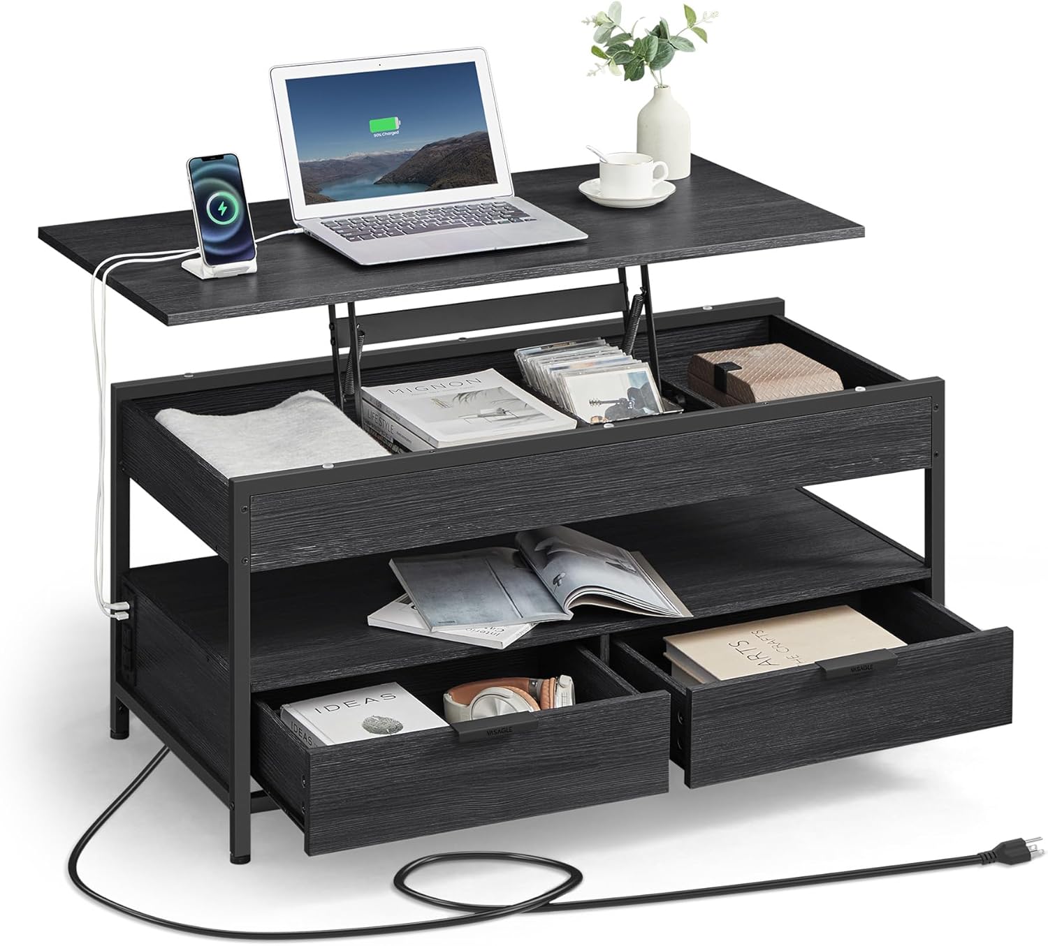 VASAGLE ULCT206B22 – Mesa de centro elevable con cajones de almacenamiento y estación de carga, mesa auxiliar para sala de estar con parte superior