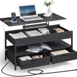 VASAGLE ULCT206B22 – Mesa de centro elevable con cajones de almacenamiento y estación de carga, mesa auxiliar para sala de estar con parte superior VASAGLE ULCT206B22 – Mesa de centro elevable con cajones de almacenamiento y estación de carga, mesa auxiliar para sala de estar con parte superior