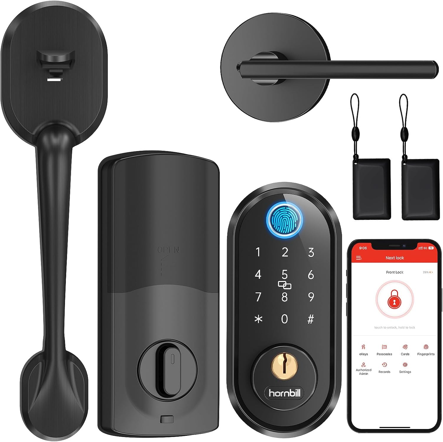 Cerradura de puerta de entrada sin llave, juego de manija de cerrojo de huellas dactilares Hornbill para puerta delantera, cerradura electrónica