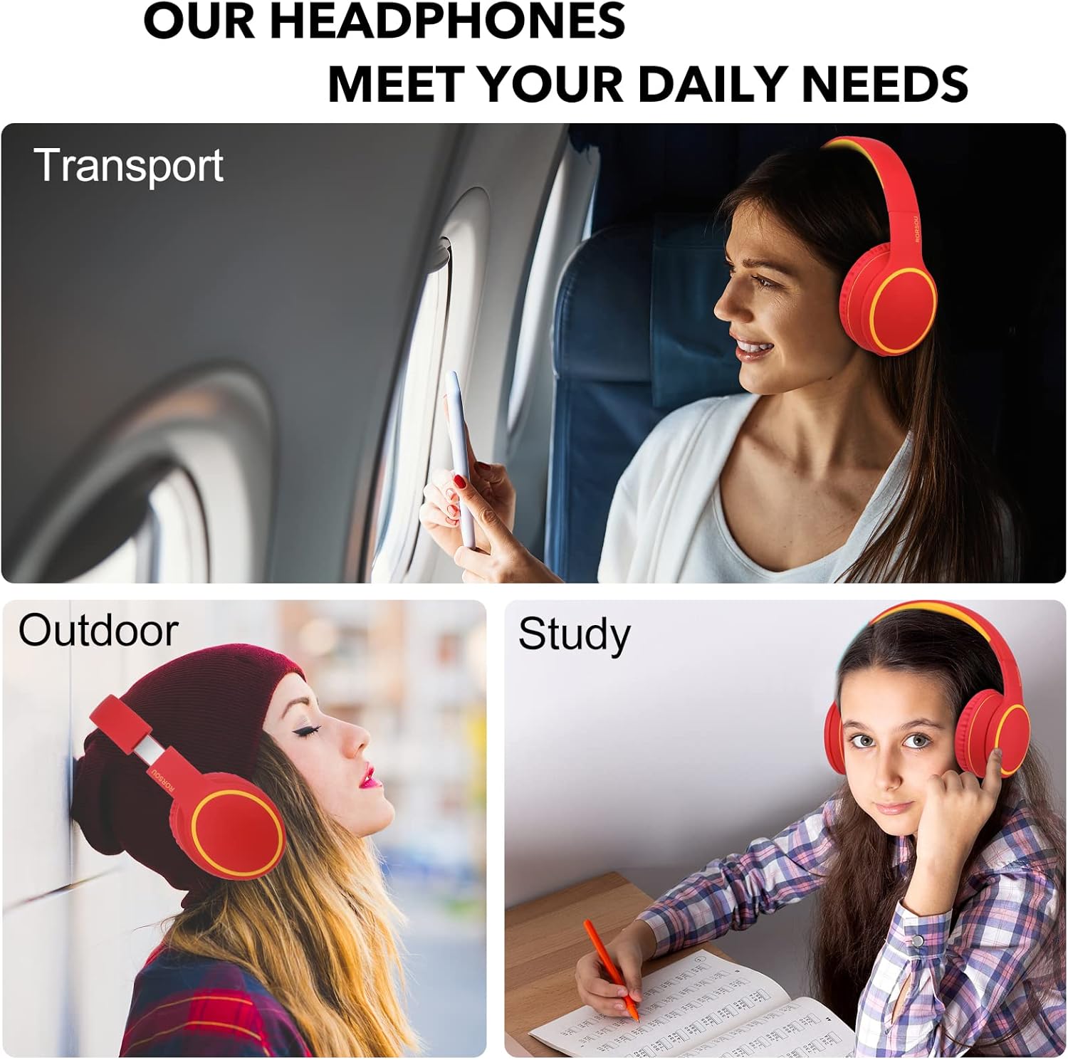 RORSOU B10 – Auriculares inalámbricos Bluetooth sobre la oreja, ligeros y plegables con micrófono, tiempo de reproducción de 50 horas, control de