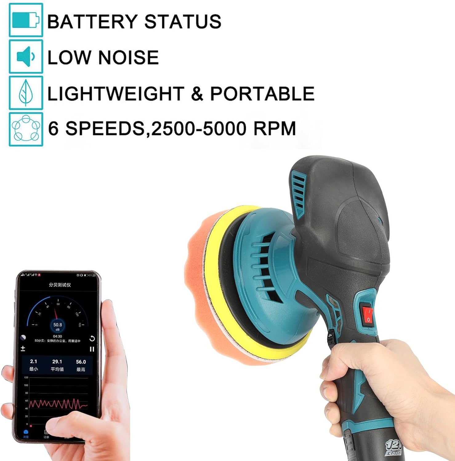 Pulidora inalámbrica para automóvil, máquina pulidora con 2 piezas de batería de 12 V con 6 velocidades variables, pulidor de doble acción con