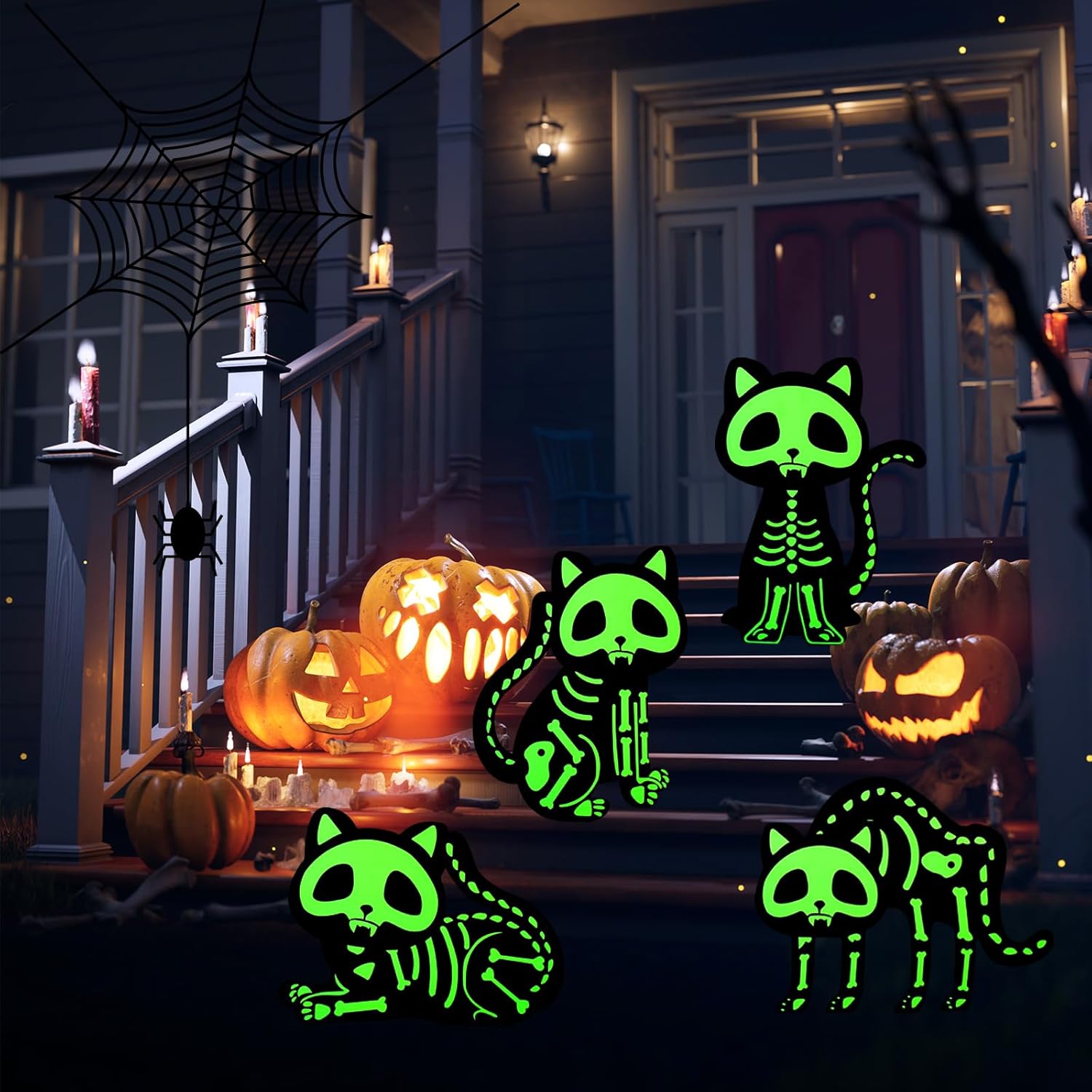 Decoraciones de Halloween para patio, letreros de gato al aire libre que brilla en la oscuridad, esqueleto de gato con estacas para espeluznante