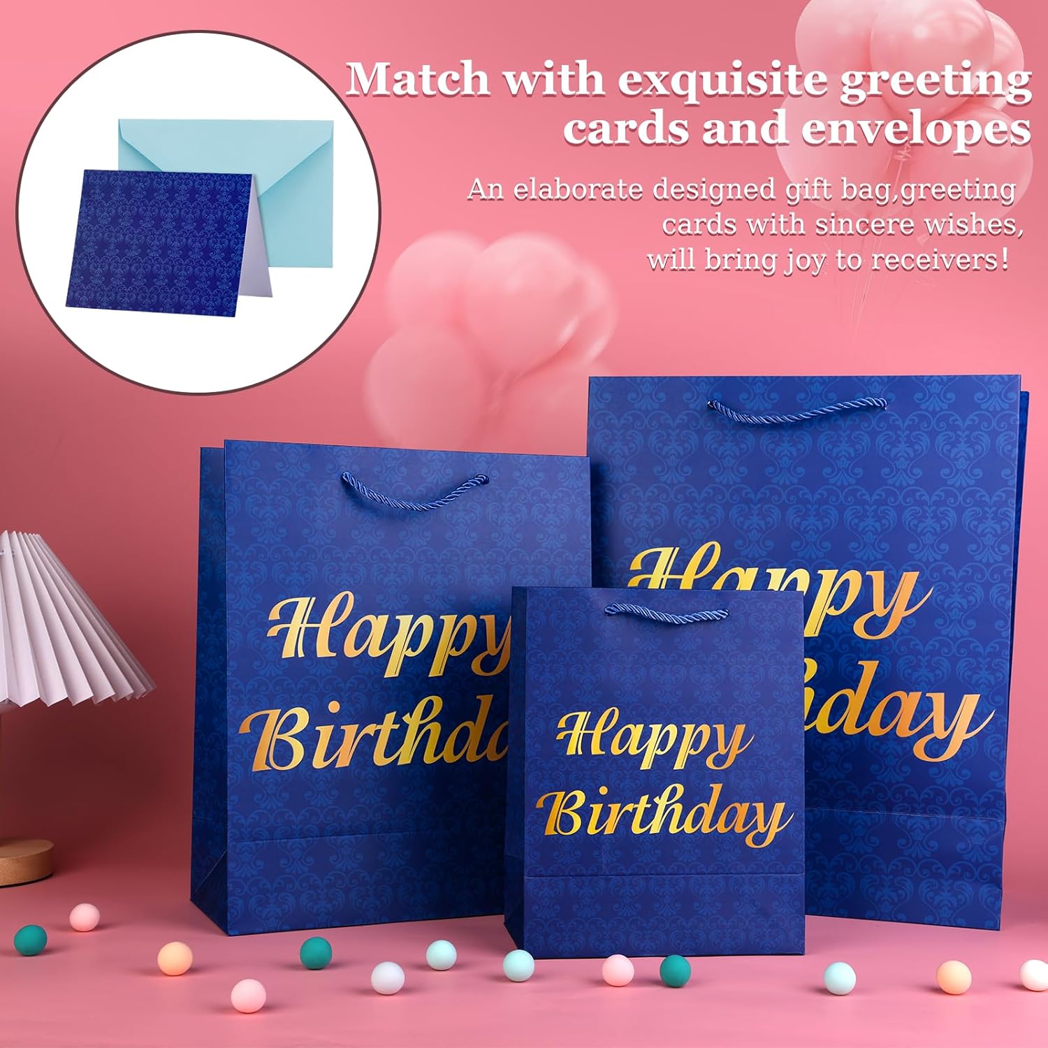 Bolsas de regalo de cumpleaños medianas de 9 pulgadas con papel de seda y tarjetas, paquete de 4 bolsas de regalo azules con asas para fiesta de