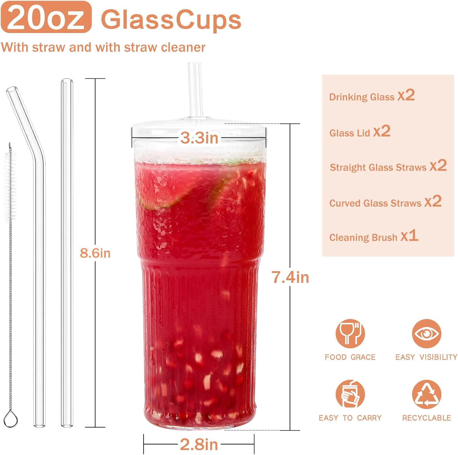 GOSCHE Vasos de vidrio con pajitas y tapas, 2 unidades, vasos de vidrio de 20 onzas, tazas de café helado transparentes, cristalería ondulada