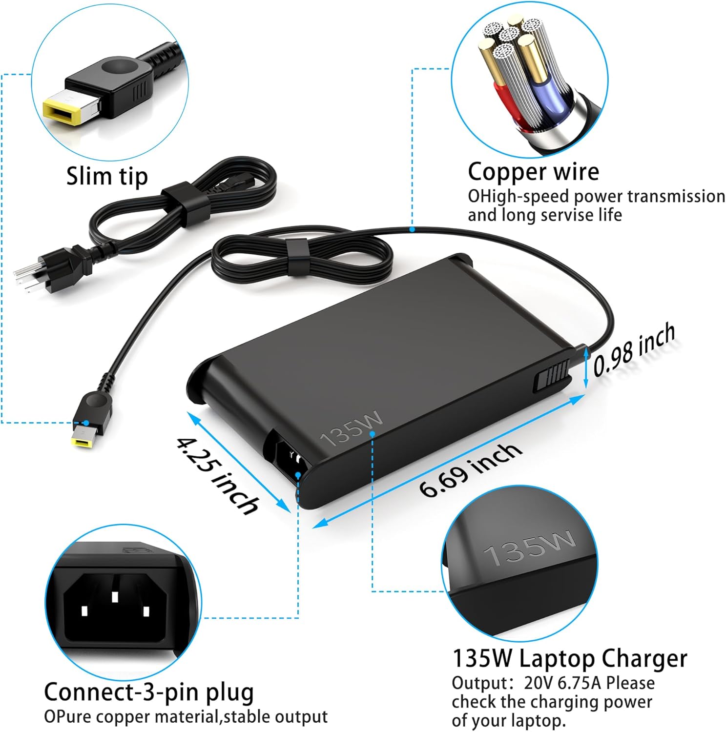 Adaptador de CA delgado de 20V 6.75A 135W para Lenovo Thinkpad X1 P1 P15v T15p ThinkPad T440P T470p T540p Ideapad 3 700 L340 Legion Y50 Y520 Y530