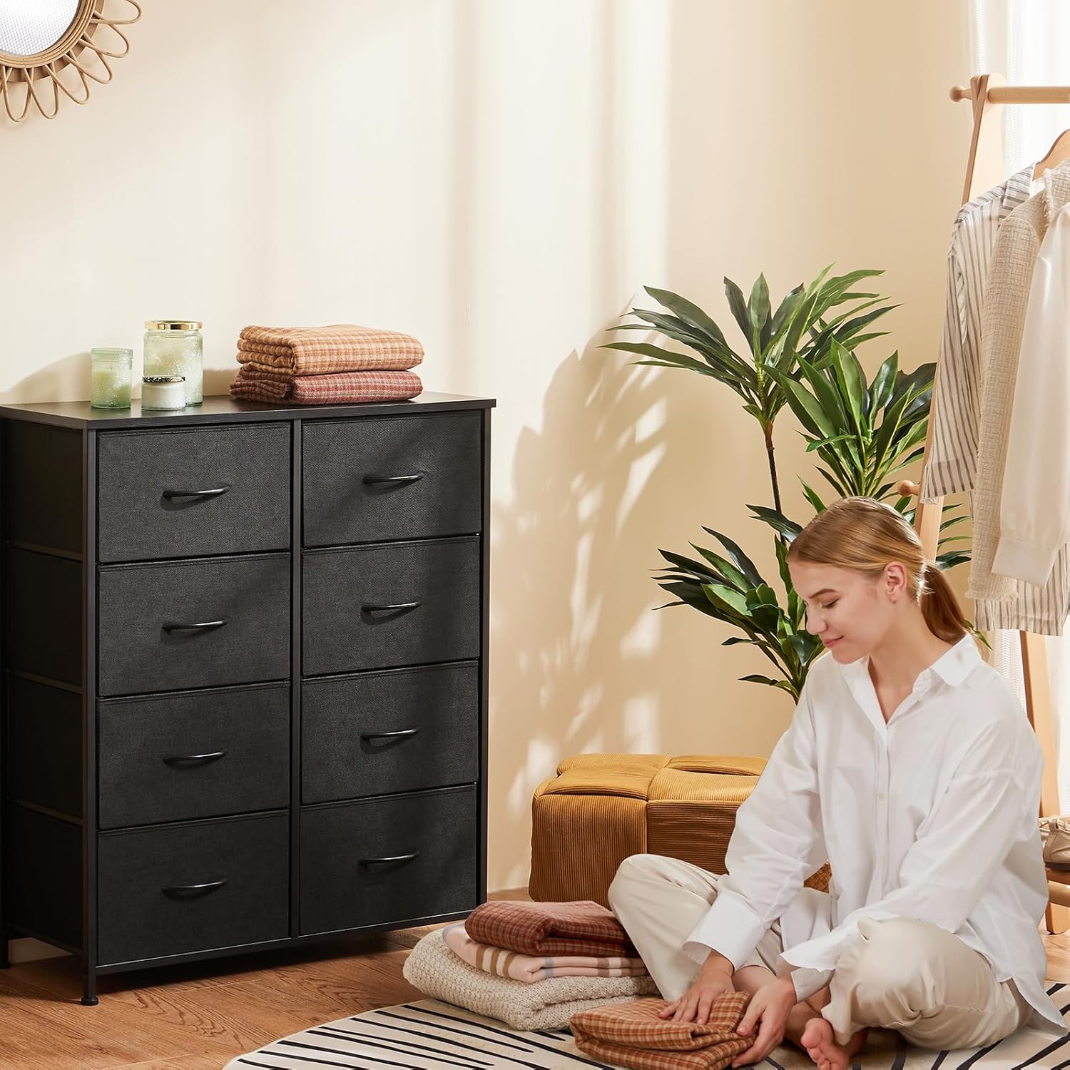 Sweetcrispy Cómoda para dormitorio, cajón alto, organizador de aparador, cajones de almacenamiento, torre de almacenamiento de tela con 8 cajones,