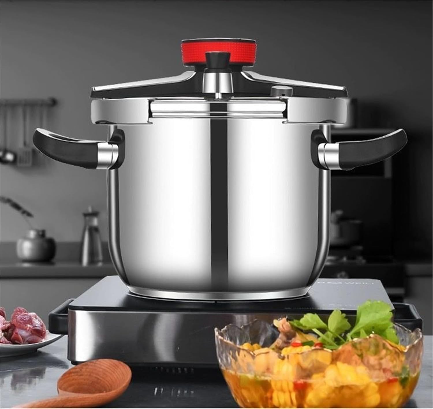Olla a presión de acero inoxidable, 5-9 cuartos de galón, compatible con inducción, olla a presión gruesa de 100 KPA con válvula de seguridad,