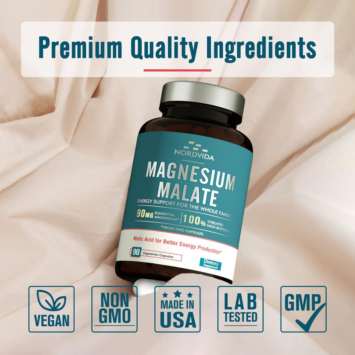 Malato de magnesio, 90 mg de magnesio elemental, para adultos y niños, totalmente quelado con ácido málico, apoya la producción de energía y la