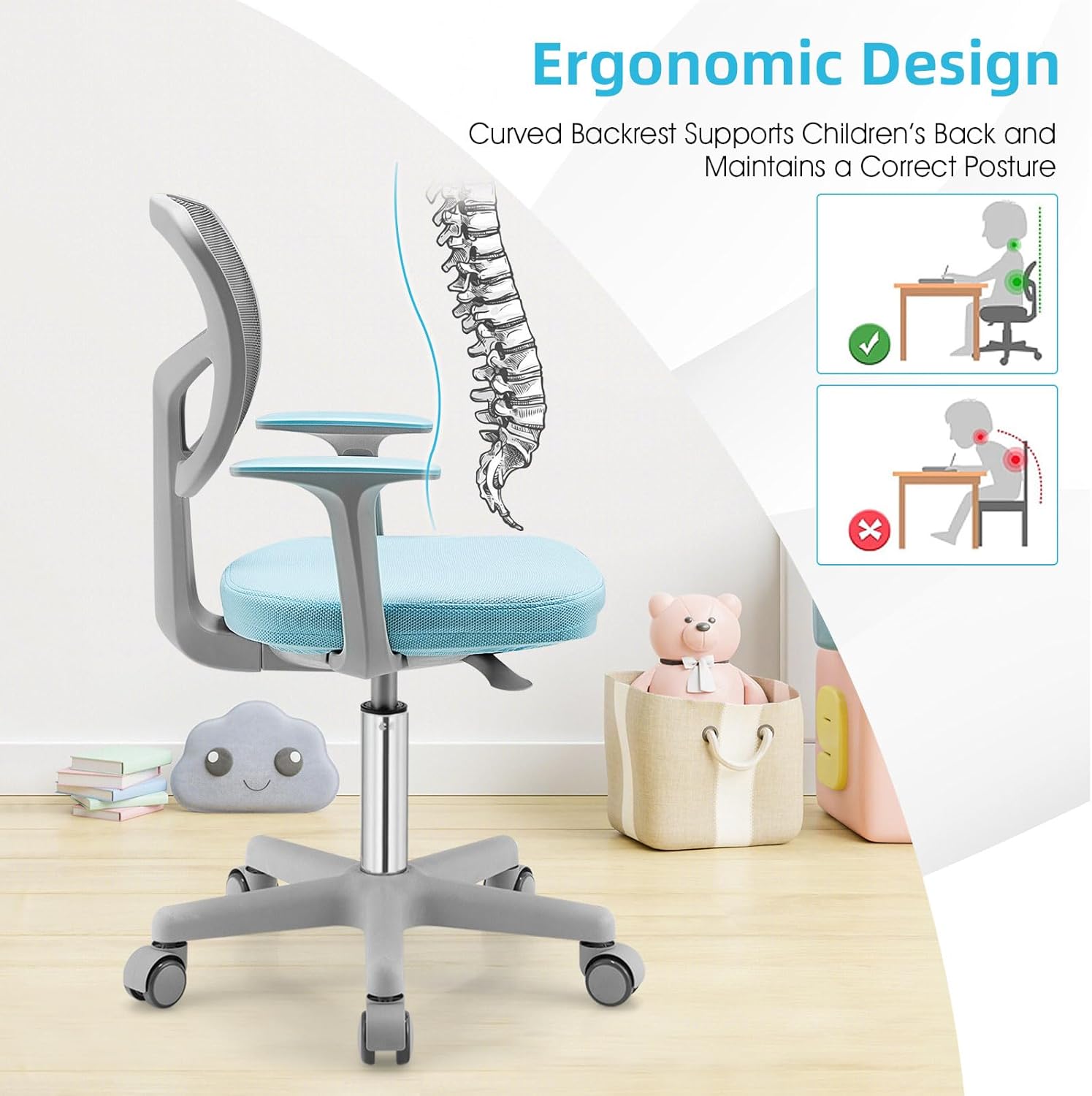 POWERSTONE Silla de escritorio para niños, silla de computadora de malla ajustable con reposabrazos, cojín suave y silla de oficina giratoria de