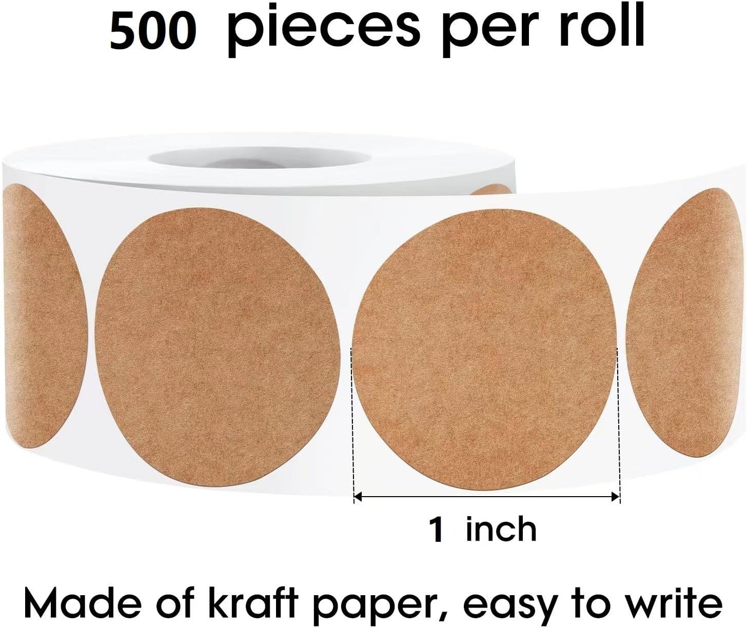 Calcomanías de papel kraft marrón natural de 1 pulgada (500 por rollo) – Etiquetas adhesivas redondas de puntos en blanco – Etiquetas de sellado de