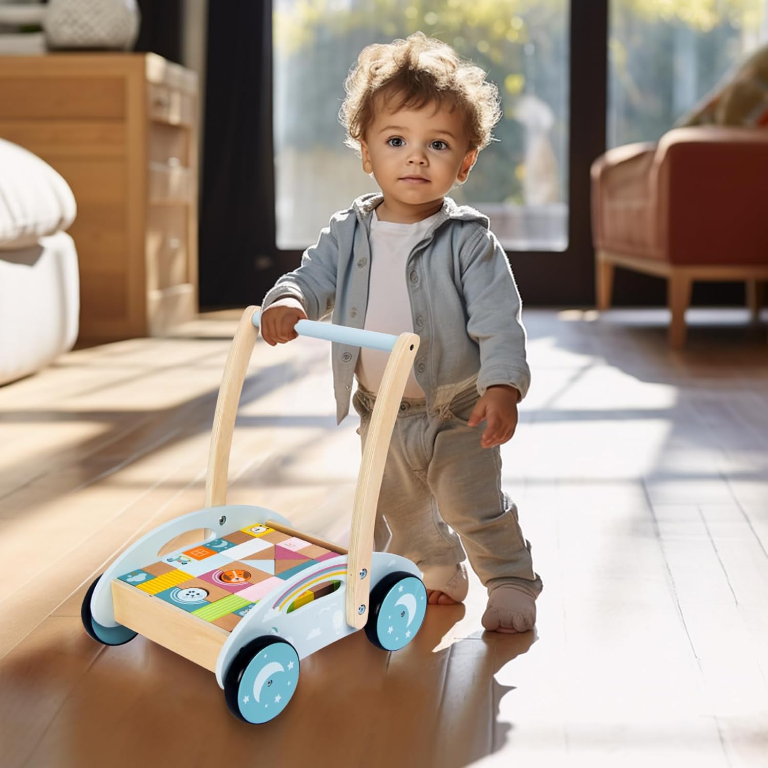 Andador de madera para bebés de 1 año en adelante, juguetes de aprendizaje para bebés con 34 bloques de construcción, regalos de cumpleaños de