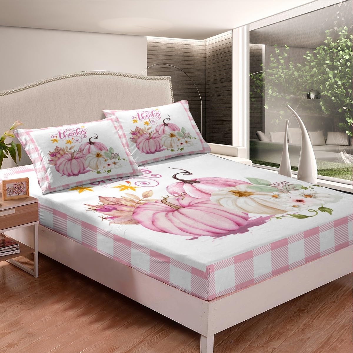 Juego de sábanas de otoño rosa, sábana bajera ajustable de calabaza para niños, niñas, adolescentes, decoración de habitación, juego de ropa de cama