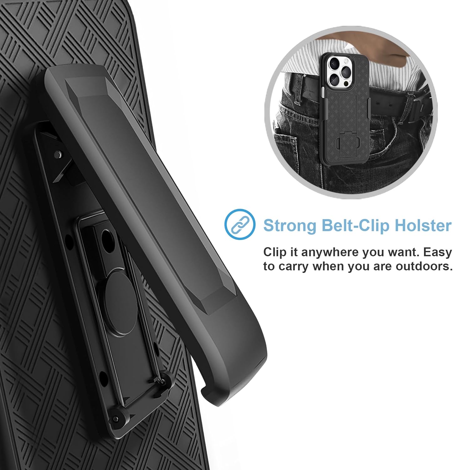 Fingic Funda para iPhone 15 Pro con funda con clip para cinturón Carcasa delgada combinada con soporte giratorio para cinturón con clip para