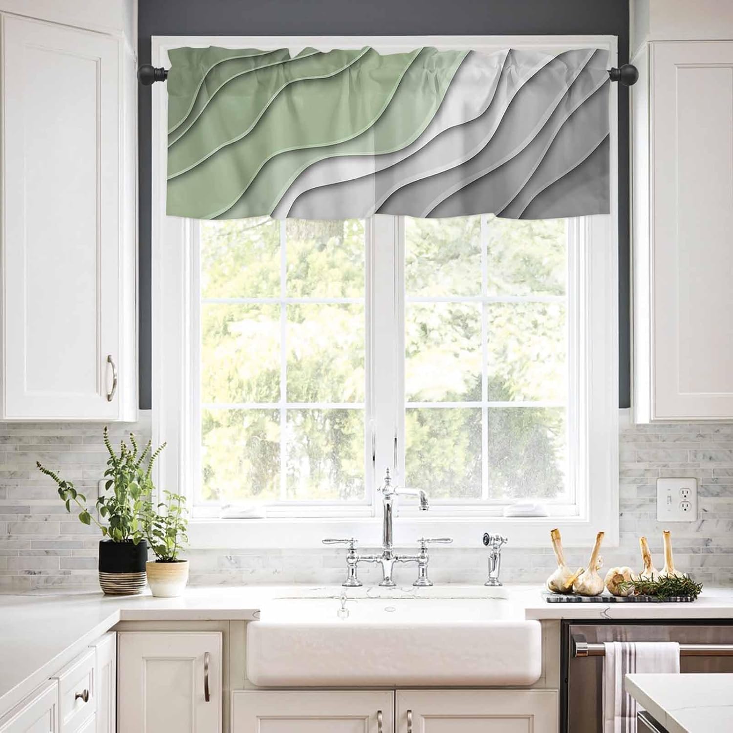 Cenefas de color verde salvia degradado para ventanas, cortinas geométricas modernas de cocina, decoración de tratamiento de ventanas, arte